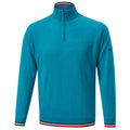 A turquoise zip-up sweater is displayed standing upright featuring a high collar long sleeves and striped ribbing at the cuffs and hem suggesting a casual or sporty context.