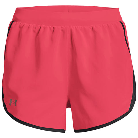 A pair of bright pink running shorts features a comfortable elastic waistband and black side accents designed for athletic wear in a casual or fitness environment.