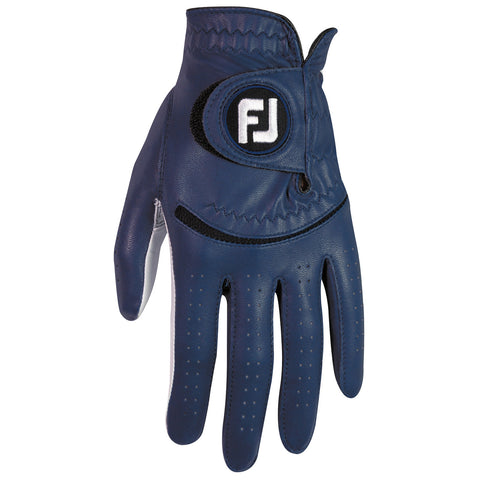 A navy blue golf glove is displayed with a smooth leather texture featuring ventilation holes and an adjustable strap on the wrist showcasing the FJ logo prominently on the back.