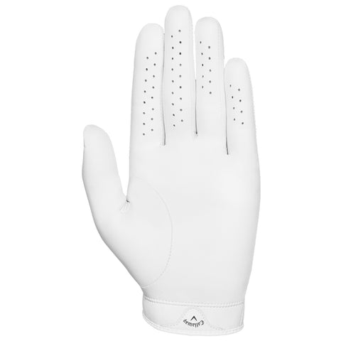 A white golf glove is displayed with the palm facing up showing ventilation holes along the fingers and a smooth surface emphasizing its use in sports contexts.