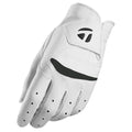 TaylorMade Mens Stratus Soft Left Hand Golf Glove A white golf glove is positioned upright showing its palm side with ventilation holes The glove features a black accent and a closure strap for a secure fit in a neutral background