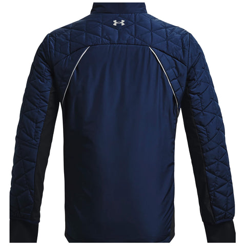 A navy blue jacket features a quilted design on the shoulders and back with contrasting black long sleeves and reflective accents creating a sporty appearance ideal for outdoor activities.