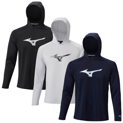 Three hooded long-sleeve shirts are displayed in black white and navy colors featuring a large logo on the front each shirt is oriented upright against a plain background.