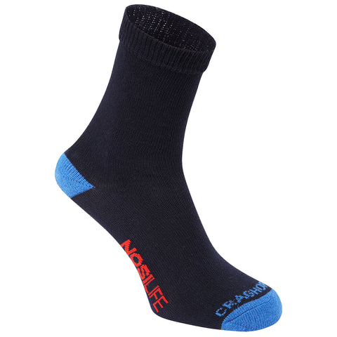 A single black sock is displayed vertically with a blue heel and toe section. It appears to be made of a textured fabric suitable for casual or athletic wear.