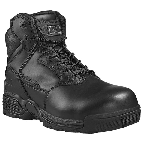 A black tactical boot with a sturdy leather exterior features a reinforced toe and strong laces positioned for support designed for outdoor and work environments.