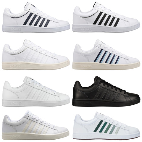 K-Swiss Mens Court Winston Trainers Nine pairs of athletic sneakers are arranged in a grid. The shoes vary in color, primarily white with black and green accents. They are positioned on a neutral background.