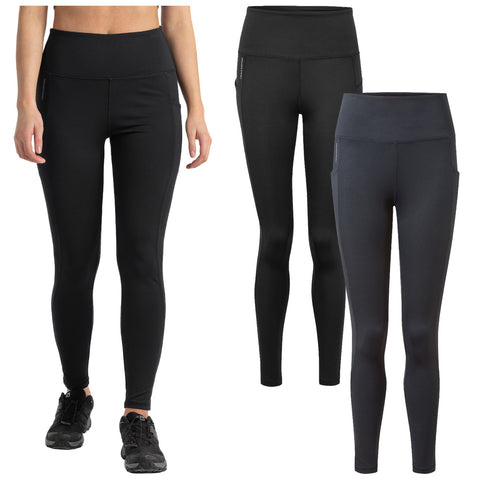 Black leggings are displayed in a trio showing different styles and lengths while a model wears one pair showcasing a sleek design suitable for active wear in a studio setting.