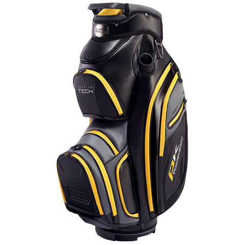 A black golf bag with yellow and gray accents is displayed upright, featuring multiple zippered compartments and a side pocket, designed for holding golf clubs and accessories.