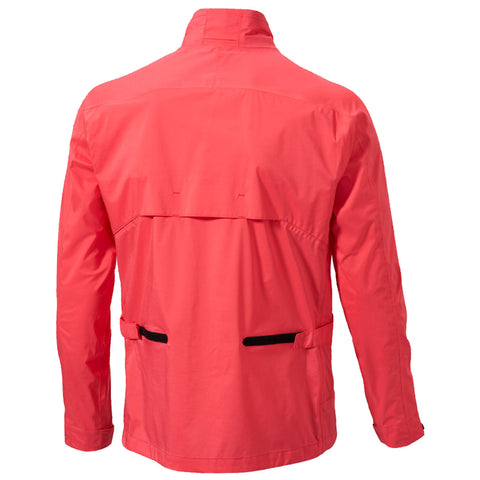 A bright coral-colored jacket is displayed, featuring a high collar and two side pockets. It is shown from the back, highlighting its lightweight fabric and casual design.