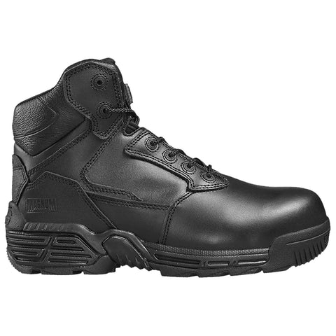 A black tactical boot is displayed upright featuring a lace-up design with reinforced ankle support showcasing smooth leather and rubber sole designed for durability in active environments.