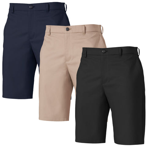 Three pairs of shorts in navy blue beige and black are displayed side by side showcasing a comfortable casual style suitable for warm weather activities or outdoor events.