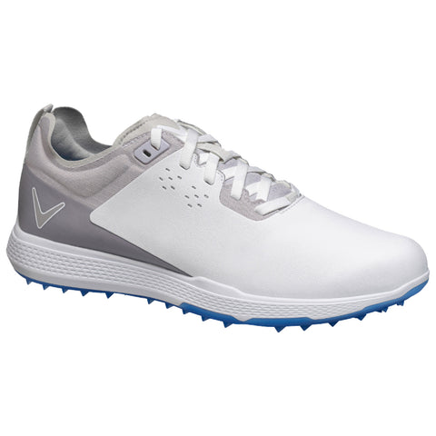 A white athletic shoe with grey accents features a textured upper and a blue-spiked sole designed for traction on grass or turf in a sports or outdoor environment.