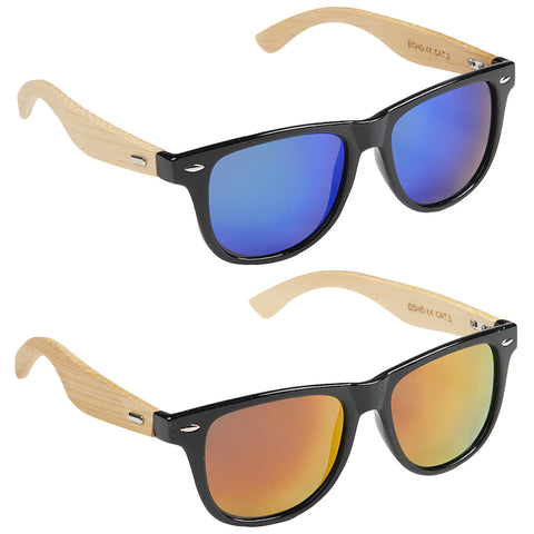 A pair of stylish sunglasses rests on a flat surface with one pair featuring blue lenses and the other with orange lenses and bamboo arms both labeled ECHO CAT 3.