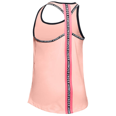 A light pink athletic tank top is displayed featuring a racerback design and black contrasting trim the back has a vertical band with repeated text reading UNDER ARMOUR.