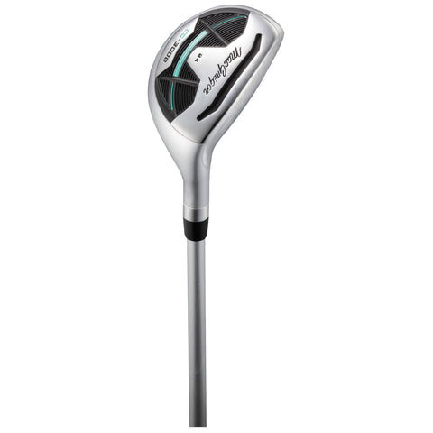 A silver golf club head with a wide face is positioned vertically against a plain background showcasing its sleek design and shaft for precision in golfing.