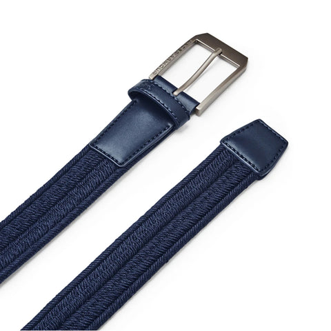 A woven navy belt with a sleek silver buckle lies flat against a white background showcasing a rubber-like texture and pointed tips at both ends for securing.