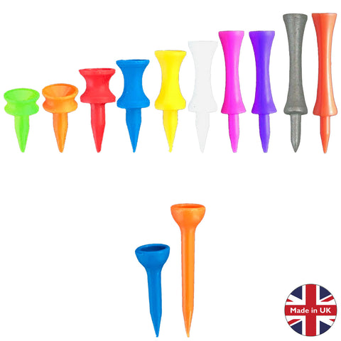 A collection of colorful golf tees arranged in a line displays various heights and colors including green red blue yellow white pink purple grey and orange against a white background with a British flag symbol indicating Made in UK.