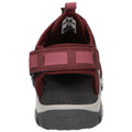 A maroon sandal with adjustable straps is positioned upright showing the heel and sole designed for comfort and support suitable for casual outdoor activities