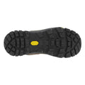 A textured black rubber shoe sole with deep treads and a yellow vibram logo is positioned against a plain background highlighting its grip and design suitable for outdoor activities.