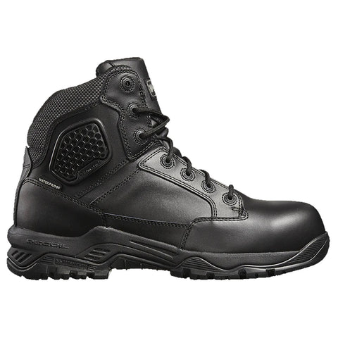 Black waterproof tactical boot with a high ankle design showing textured details on the side and a rugged sole suitable for outdoor activities in various terrains