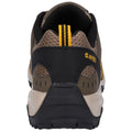 A brown and black hiking shoe is positioned upright showing its back side with a textured surface and mesh detailing the heel and side highlighting yellow accents in the design.