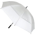 A white umbrella is opened wide providing shade this umbrella features a black handle and a metallic frame showcasing a simple design commonly used for protection against sun or rain.