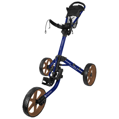 A blue golf pushcart features three wheels with brown rims the cart allows for easy transportation of golf bags and equipment across various terrains while providing stability and support during use