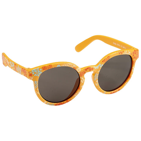 Round sunglasses with a bright yellow frame feature floral patterns in orange and blue on the sides and dark lenses placed against a neutral background.