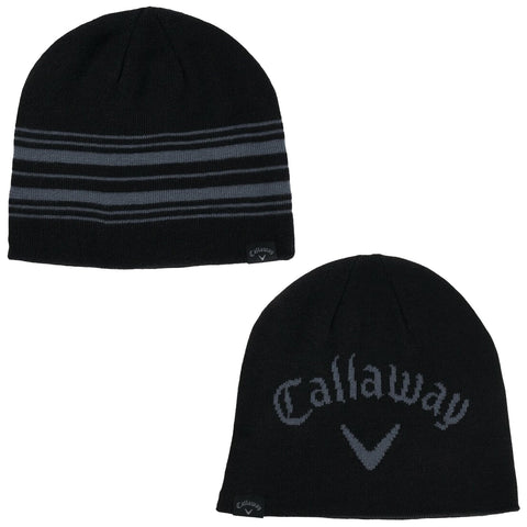 A black knit beanie with two designs is displayed one featuring horizontal dark gray stripes and the other displaying the word Callaway in a stylized font against the black fabric.