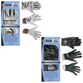 Pro-Tekt Mens RIGHT Hand All Weather Golf Glove Two golf gloves are displayed alongside their packaging. One glove is white with black accents while the other is black. Each glove features a wrist strap and perforated details for grip.