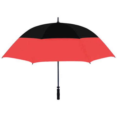 A colorful umbrella features a black upper section and a red lower section standing upright with a black handle in a neutral background, ready for use against rain or sun.