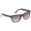 Black sunglasses with gradient purple lenses are positioned upright displaying their sleek design and ready for use in bright sunny environments.