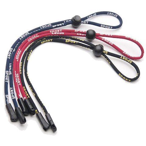 Colorful elastic sport laces lie flat with ends designed for securing footwear while featuring a locking mechanism that keeps them tight and in place suitable for athletic use