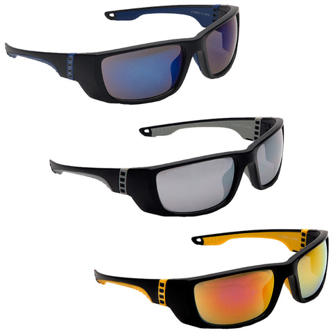 Three pairs of sunglasses are displayed with different lens colors and frame designs. The glasses feature a sporty style and are arranged in a stacked formation for comparison.