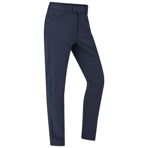 Navy blue pants stand upright displaying a sleek design with side pockets a zip fly and belt loops suitable for casual or semi-formal wear in various environments