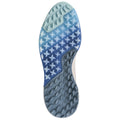 A shoe's outsole is displayed showcasing a unique pattern of grips designed for traction with varying blue tones across the surface set against a white background.