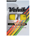 Box displaying two bright yellow golf balls with a matte finish labeled as Volvik New Vivid indicating it's a three-piece premium ball in a colorful geometric design