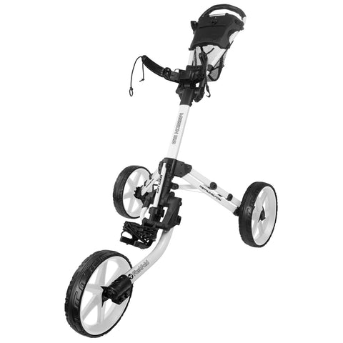 A white golf push cart with a three-wheel design is positioned upright showcasing its handle and storage features for carrying golf bags on a course or similar outdoor environment.