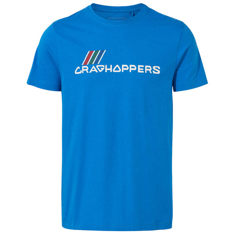 A bright blue t-shirt features the logo "CRAGHOPPERS" displayed prominently in white text with colored stripes above it, set against a plain background.