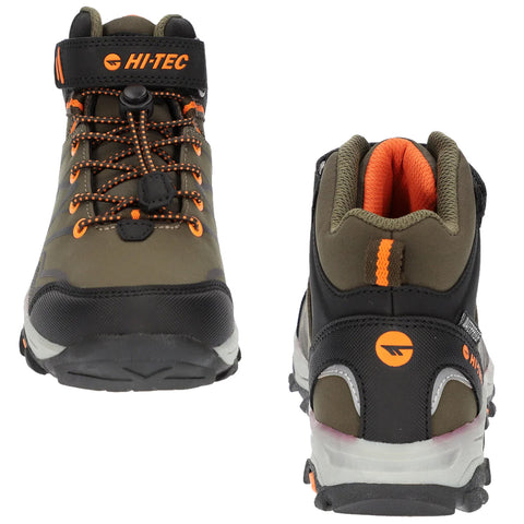 A pair of hiking boots features a sturdy design with dark green and black materials orange accents and a secure lace system positioned against a plain white background