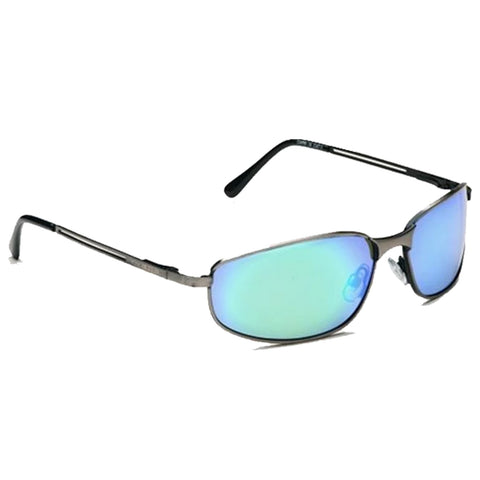 Sunglasses with reflective blue lenses rest at an angle showcasing a sleek design and metallic frame suitable for outdoor wear against a plain white background.