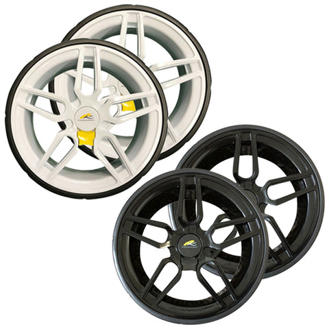 Four car wheels are displayed two in a white finish and two in a black finish showcasing a modern design with multiple spokes positioned against a plain background