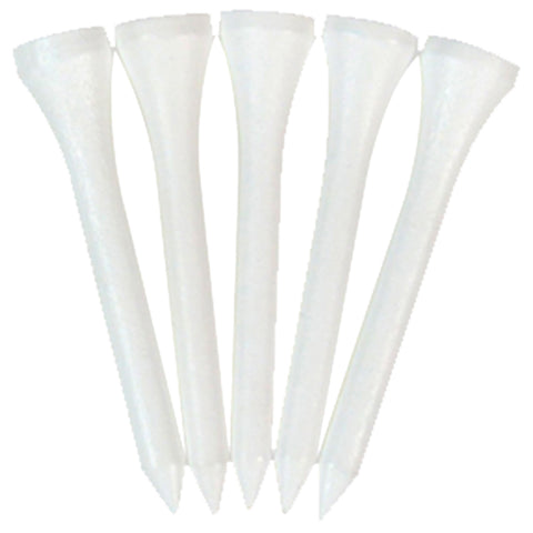 Five white golf tees are arranged side by side with pointed ends facing downwards and wider top sections at the top highlighting their purpose for holding golf balls above the ground.