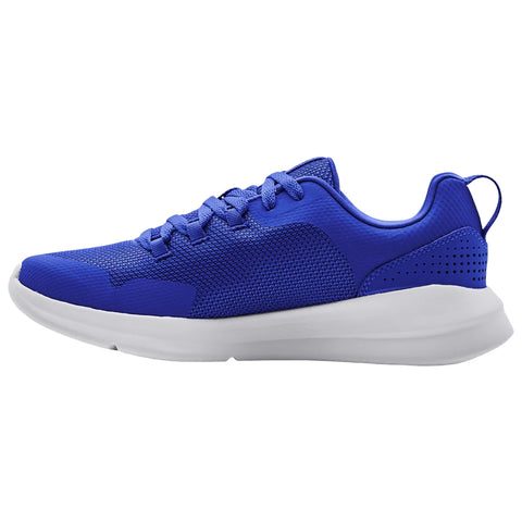 A blue athletic shoe features a mesh upper with a white rubber sole showcasing a sleek design ideal for exercise or casual wear positioned on a plain background.