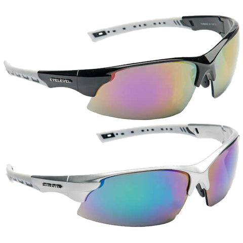 Sunglasses are displayed with a black pair on top and a white pair beneath reflecting iridescent colors in their lenses showcasing a sporty design suitable for outdoor activities.