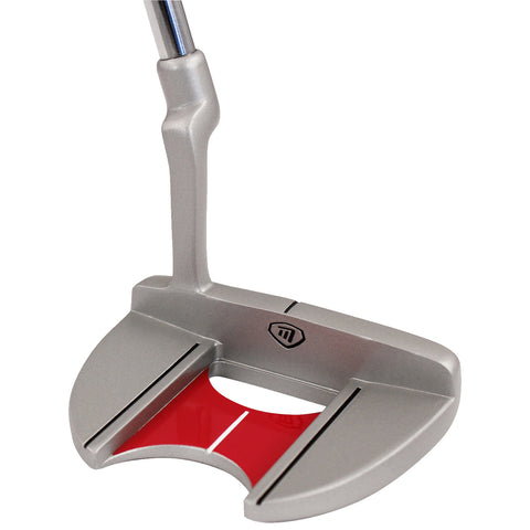 A golf putter featuring a silver metallic body with a red insert and alignment lines is positioned upright on a flat surface, ready for use on the green.