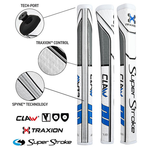 Three golf grips are displayed vertically showcasing designs and technologies such as Traxion control and Spyne technology with relevant logos and features highlighted in circular insets