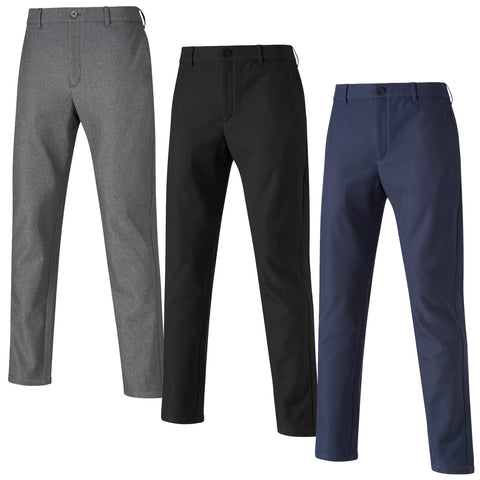 Gray trousers are displayed standing upright showcasing their straight fit and smooth texture in a neutral background emphasizing the garment's design and color.