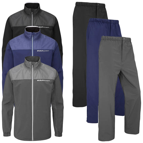 Three jackets and three pairs of pants are displayed in varying colors including black gray and navy showcasing a sporty style suitable for outdoor activities or casual wear.