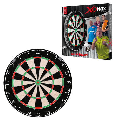 A circular dartboard is displayed showing numbered sections and colored segments. Next to it is a product box featuring the dartboard, including images of three players and the word "CLASSIC".